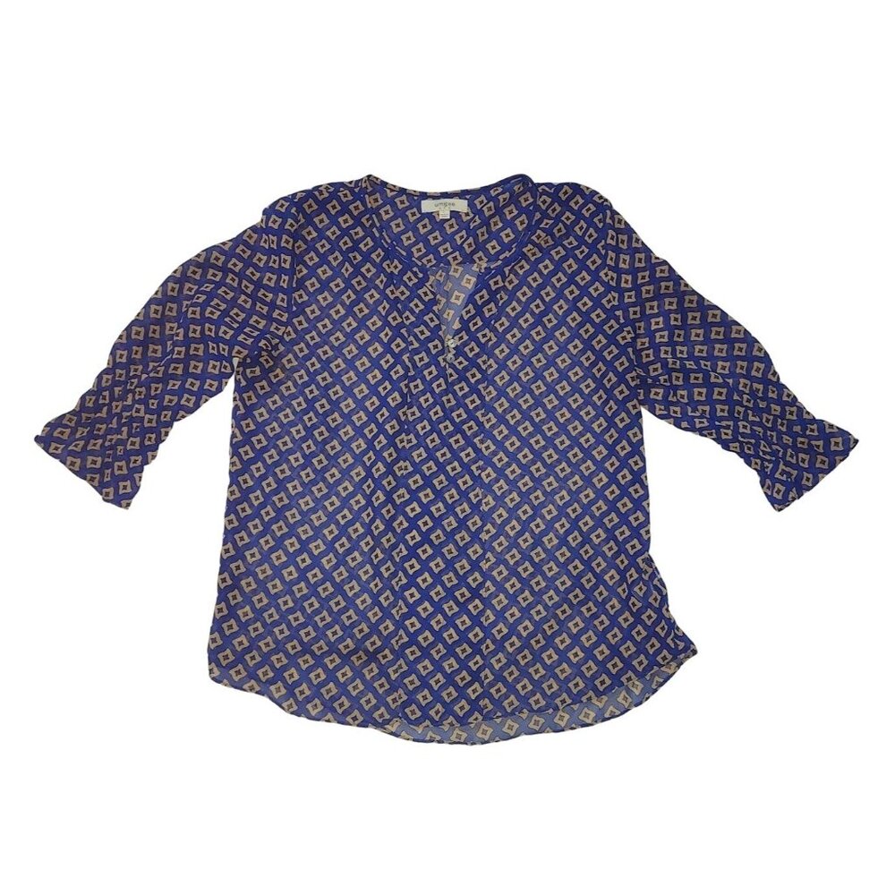 Umgee Womens Geometric Print Blouse L Blue &‎ Beige 3/4 Sleeve Cotton/Polyester